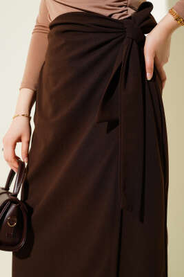 Yandan Kuşak Bağlamalı Etek Kahve - Uzun Etek