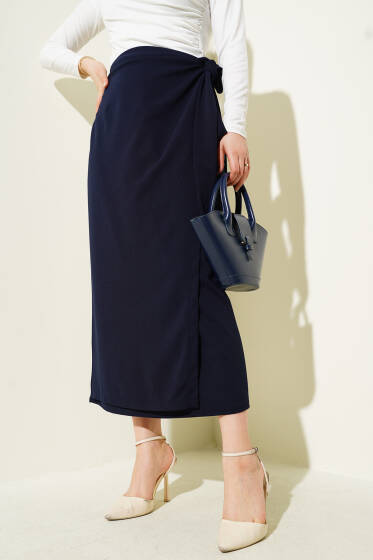 Yandan Kuşak Bağlamalı Etek Lacivert - Etek