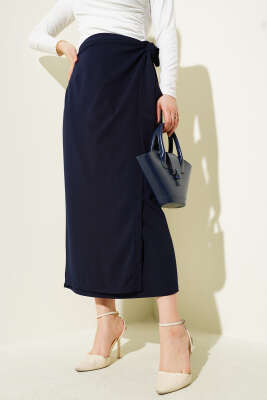 Yandan Kuşak Bağlamalı Etek Lacivert 