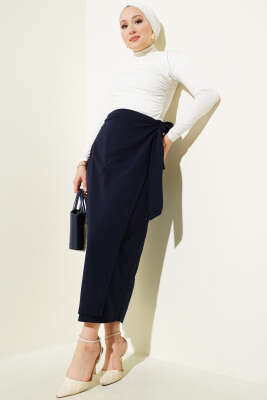 Yandan Kuşak Bağlamalı Etek Lacivert - Uzun Etek