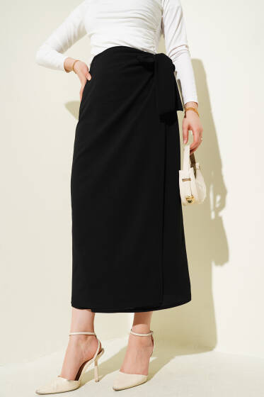 Yandan Kuşak Bağlamalı Etek Siyah - Etek