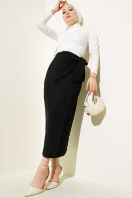Yandan Kuşak Bağlamalı Etek Siyah - Uzun Etek