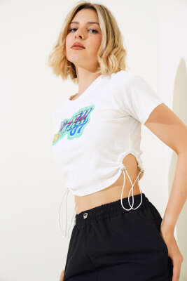 Yandan Lastik Büzgülü T-shirt Ekru - Yılın Fırsatı