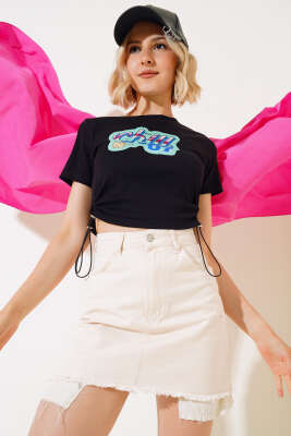 Yandan Lastik Büzgülü T-shirt Siyah - Kadın Giyim Modelleri