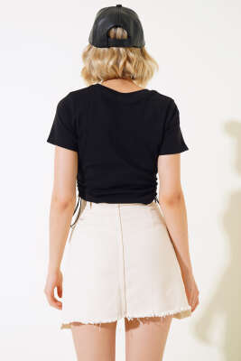 Yandan Lastik Büzgülü T-shirt Siyah - Yılın Fırsatı