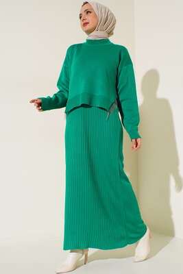 Yandan Zincir Püsküllü Jile Elbise Kazak Triko İkili Takım Yeşil - Thumbnail