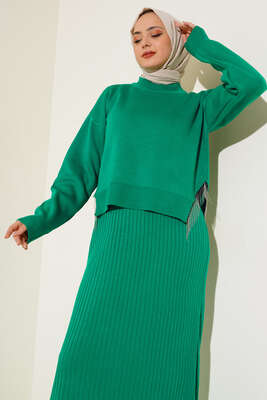 Yandan Zincir Püsküllü Jile Elbise Kazak Triko İkili Takım Yeşil - Thumbnail