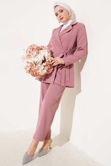 Yanı Bağlamalı Ceketli İkili Takım Gül Kurusu - İkili Takım