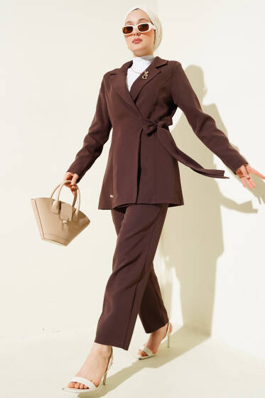 Yanı Bağlamalı Ceketli İkili Takım Kahve - İkili Takım