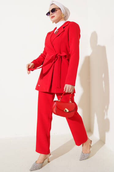 Yanı Bağlamalı Ceketli İkili Takım Kırmızı - İkili Takım