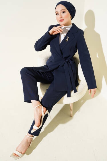 Yanı Bağlamalı Ceketli İkili Takım Lacivert - İkili Takım