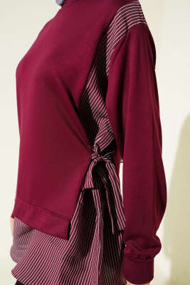 Yanı Bağlamalı Çizgi Detaylı Tunik Bordo - 300-500 TL Ürünler