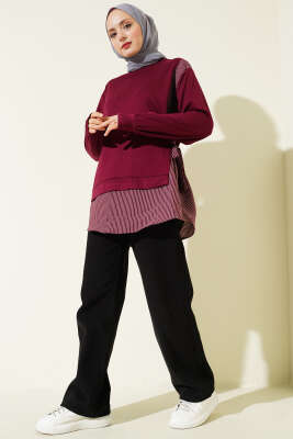 Yanı Bağlamalı Çizgi Detaylı Tunik Bordo - Tunik