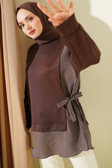 Yanı Bağlamalı Çizgi Detaylı Tunik Kahve - 300-500 TL Ürünler