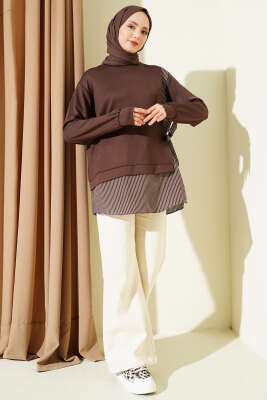 Yanı Bağlamalı Çizgi Detaylı Tunik Kahve - 300-500 TL Ürünler
