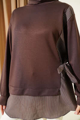 Yanı Bağlamalı Çizgi Detaylı Tunik Kahve - 300-500 TL Ürünler
