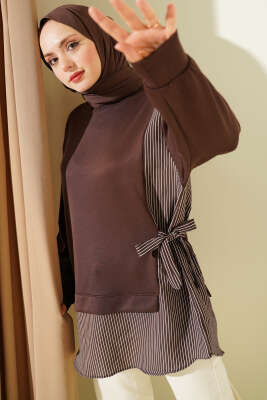 Yanı Bağlamalı Çizgi Detaylı Tunik Kahve - DESTİNA