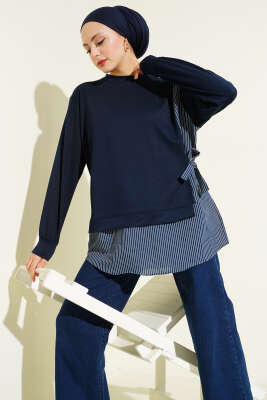 Yanı Bağlamalı Çizgi Detaylı Tunik Lacivert - DESTİNA