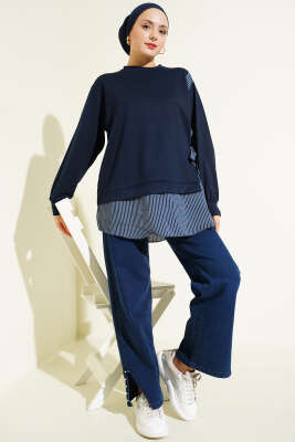 Yanı Bağlamalı Çizgi Detaylı Tunik Lacivert - Tunik