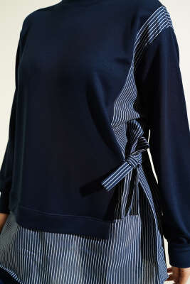 Yanı Bağlamalı Çizgi Detaylı Tunik Lacivert - Tunik