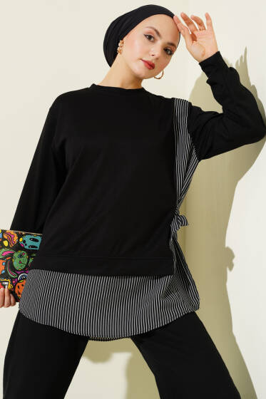 Yanı Bağlamalı Çizgi Detaylı Tunik Siyah - 300-500 TL Ürünler