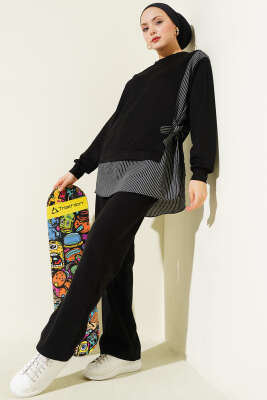 Yanı Bağlamalı Çizgi Detaylı Tunik Siyah - Tunik