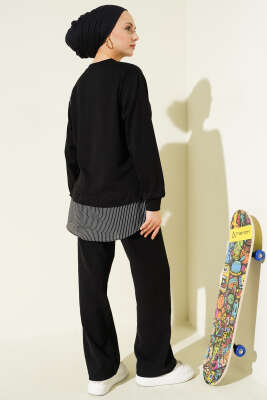 Yanı Bağlamalı Çizgi Detaylı Tunik Siyah - Tunik