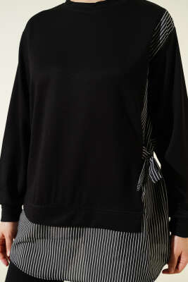 Yanı Bağlamalı Çizgi Detaylı Tunik Siyah - Tunik