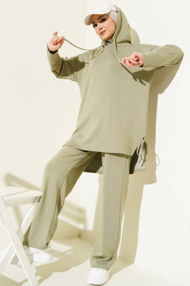 Yanı Bağlamalı Kapüşonlu İkili Takım Çağla Yeşili - İkili Takım