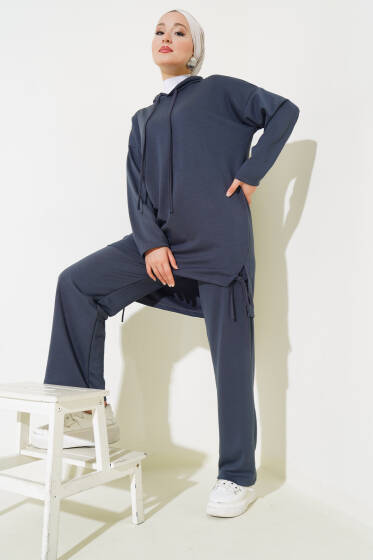 Yanı Bağlamalı Kapüşonlu İkili Takım Füme - İkili Takım