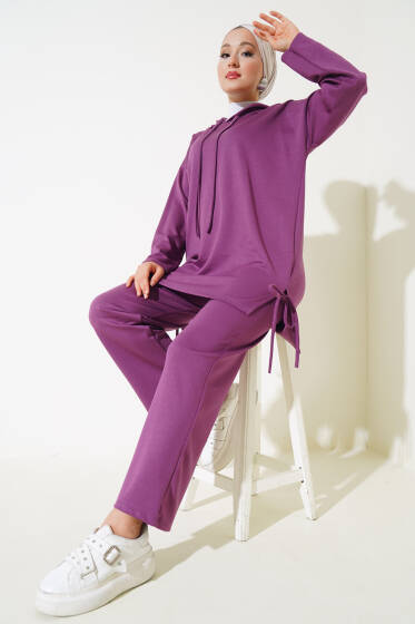Yanı Bağlamalı Kapüşonlu İkili Takım Magenta - İkili Takım