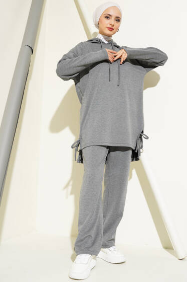 Yanı Bağlamalı Kapüşonlu İkili Takım Melanj Gri - İkili Takım