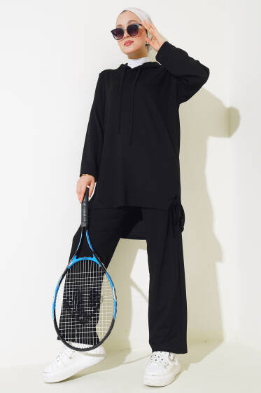 Yanı Bağlamalı Kapüşonlu İkili Takım Siyah - İkili Takım