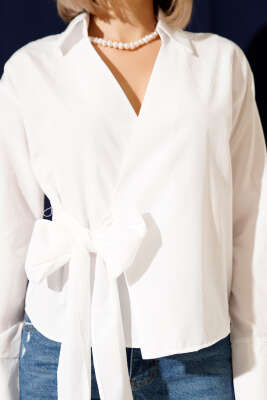 Yanı Bağlamalı Kısa Gömlek Beyaz - Kadın Giyim Modelleri
