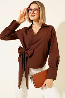 Yanı Bağlamalı Kısa Gömlek Kahve - Kadın Giyim Modelleri