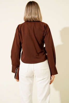 Yanı Bağlamalı Kısa Gömlek Kahve - Kadın Giyim Modelleri