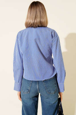 Yanı Bağlamalı Kısa Gömlek Mavi Çizgili - Kadın Giyim Modelleri