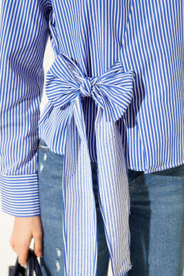 Yanı Bağlamalı Kısa Gömlek Mavi Çizgili - Kadın Giyim Modelleri