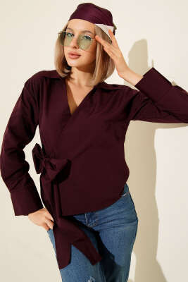 Yanı Bağlamalı Kısa Gömlek Mürdüm - Kadın Giyim Modelleri