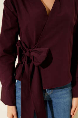 Yanı Bağlamalı Kısa Gömlek Mürdüm - Kadın Giyim Modelleri