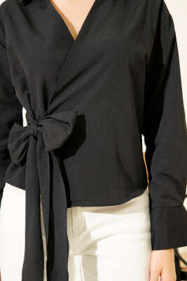 Yanı Bağlamalı Kısa Gömlek Siyah - Kadın Giyim Modelleri