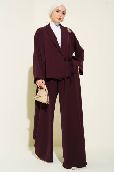 Yanı Bağlamalı Oversize Ceketli İkili Takım Mürdüm - İkili Takım