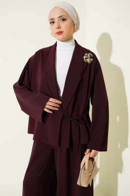 Yanı Bağlamalı Oversize Ceketli İkili Takım Mürdüm - İkili Takım