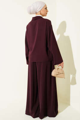 Yanı Bağlamalı Oversize Ceketli İkili Takım Mürdüm - İkili Takım