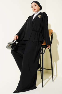 Yanı Bağlamalı Oversize Ceketli İkili Takım Siyah - EFİL
