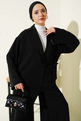 Yanı Bağlamalı Oversize Ceketli İkili Takım Siyah - İkili Takım