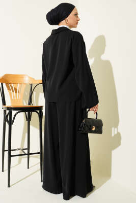 Yanı Bağlamalı Oversize Ceketli İkili Takım Siyah - İkili Takım