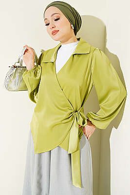 Yanı Bağlamalı Saten Bluz Fıstık Yeşili - MISRA