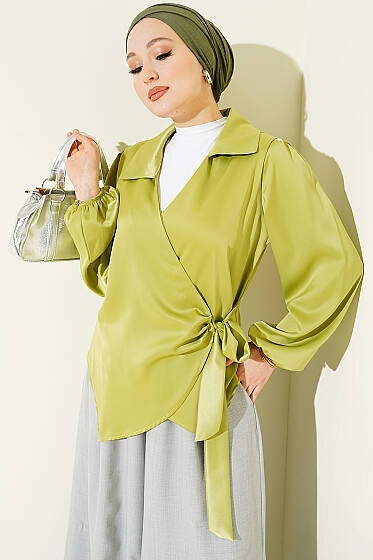 Yanı Bağlamalı Saten Bluz Fıstık Yeşili - Bluz