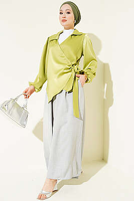 Yanı Bağlamalı Saten Bluz Fıstık Yeşili - Bluz